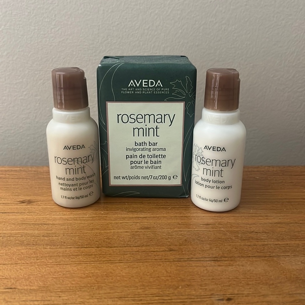 AVEDA Rosemary Mint bath bar, mini hand + body wash, mini body lotion